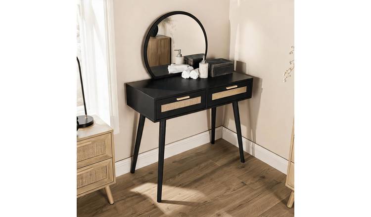 Home Source Astbury Rattan 2 Drawer Dressing Table with Circular Mirror - Black