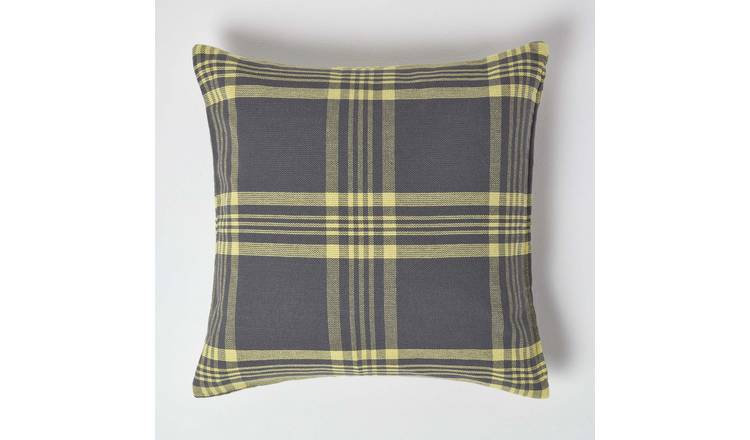 Homescapes Grey & Yellow Tartan Cotton Cushion Cover - 60 x 60 cm