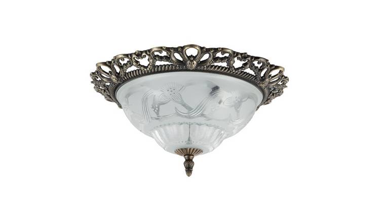 Happy Homewares Antique Brass and Floral Glass Flush Ceiling Light - 33cm