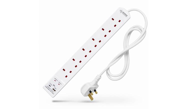 Desiretech 6 Gang Surge Protected USB Extension Lead - 3 Metre - White