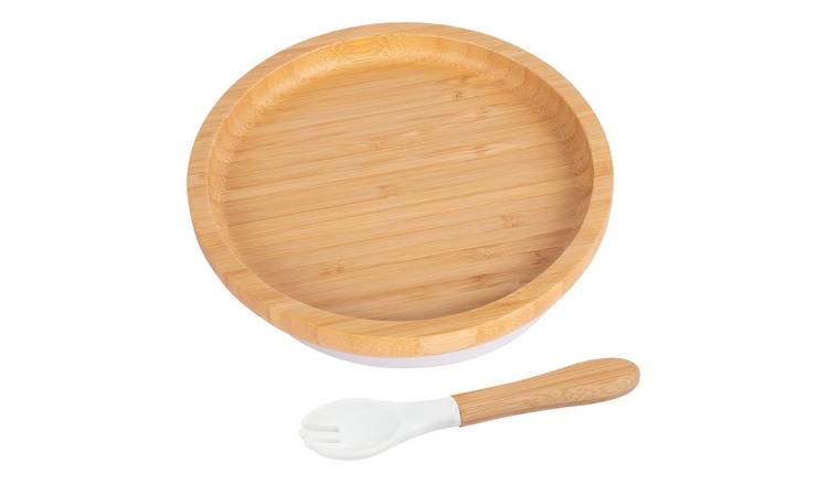Tiny Dining Bamboo Round Baby Weaning Plate & Fork Set - White