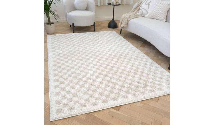 The Rugs Beige Moodi Chequered Shaggy Runner Rug - 80 x 300cm