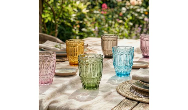Set Of 6 Colourful Spring Summer Embossed Drinking Glass Tumblers 340ml