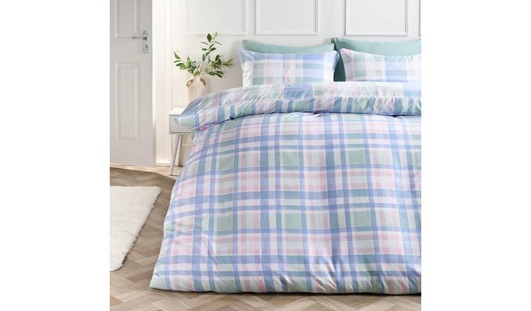 OHS Watercolour Check Duvet Cover Set Blue - Double