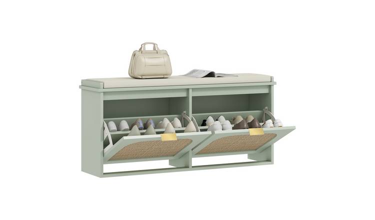 HOMCOM Narrow Shoe Bench with 2 Flip-Drawer and Rattan Door - Light Green