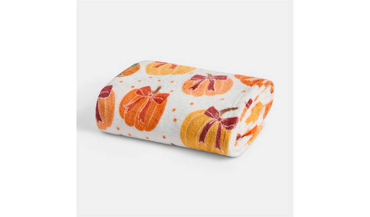 OHS Bow & Pumpkin Flannel Fleece Throw Blanket - 125 x 150cm - Cream