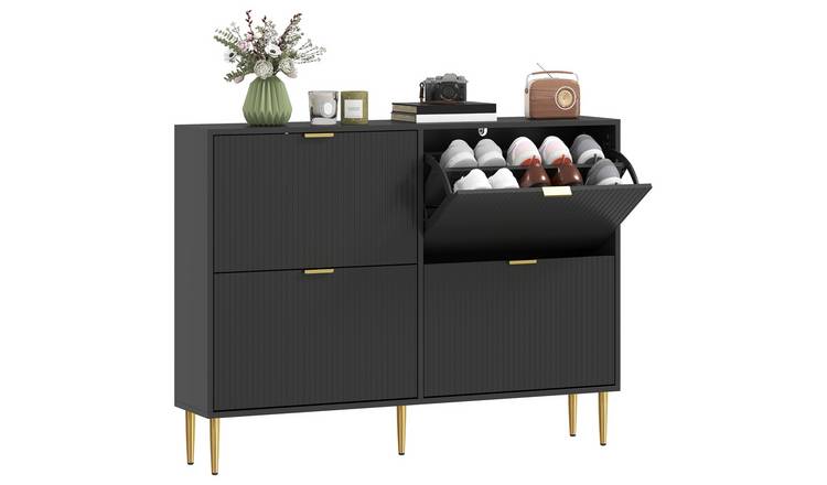 HOMCOM Fluted Shoe Cabinet with 4 Flip Drawers - Black