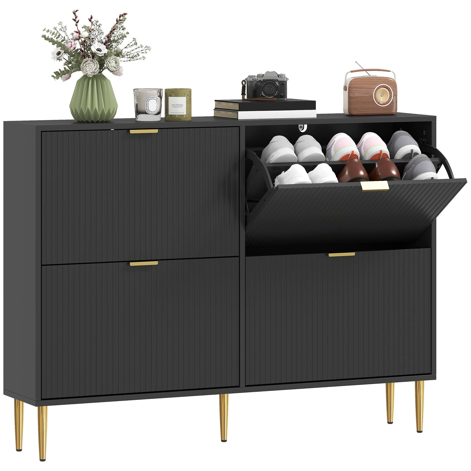 HOMCOM Fluted Shoe Cabinet with 4 Flip Drawers - Black - Image 1