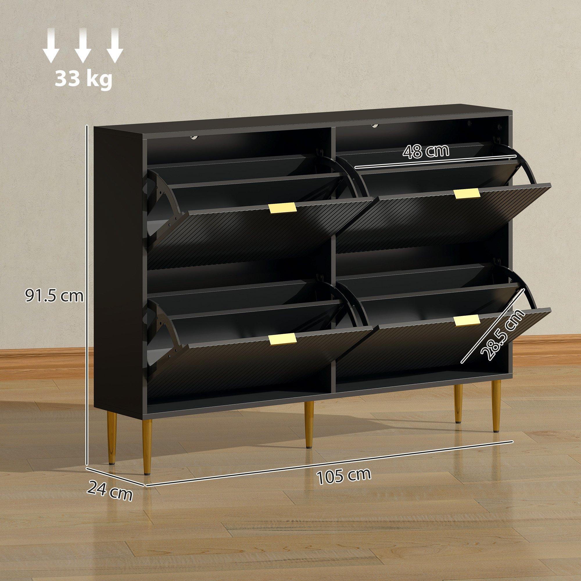 HOMCOM Fluted Shoe Cabinet with 4 Flip Drawers - Black - Image 3