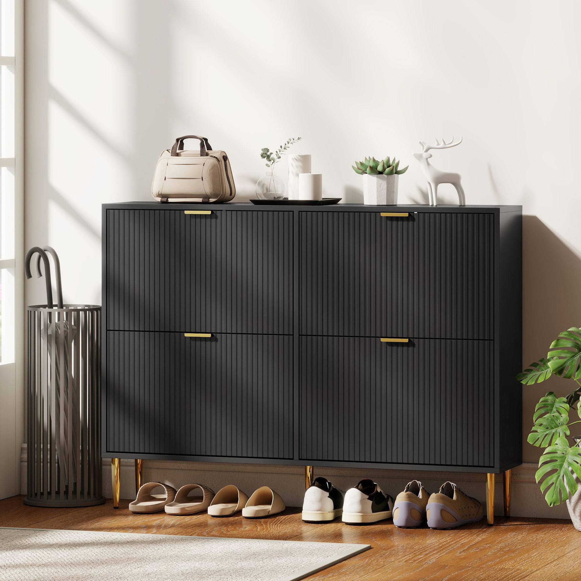 HOMCOM Fluted Shoe Cabinet with 4 Flip Drawers - Black - Image 4