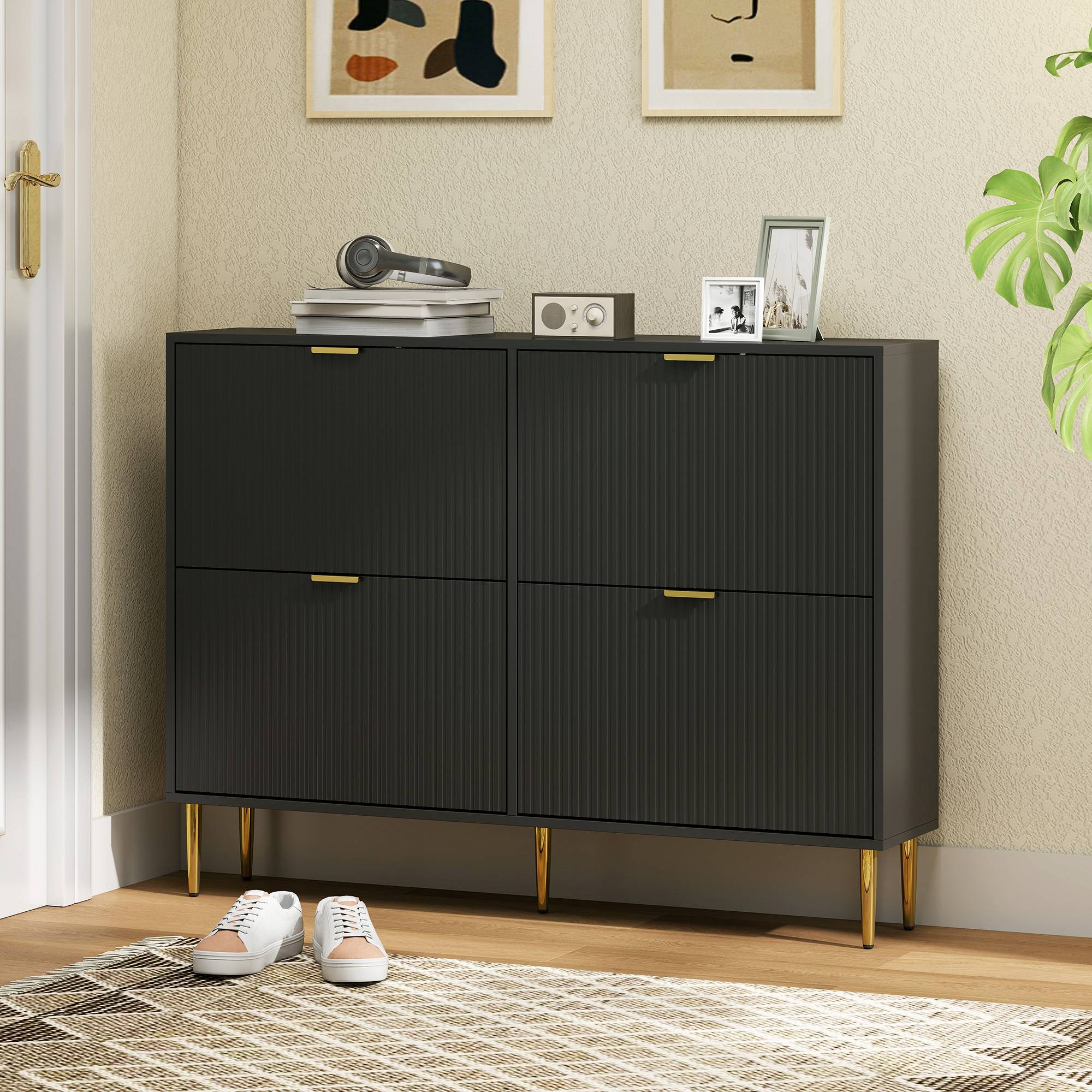 HOMCOM Fluted Shoe Cabinet with 4 Flip Drawers - Black - Image 6