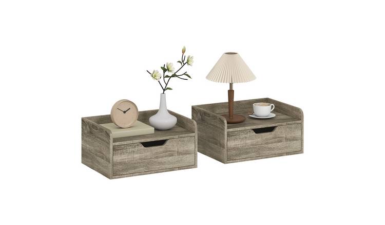HOMCOM Set of 2 Floating Nightstand with Storage Drawer - Grey Wood Effect