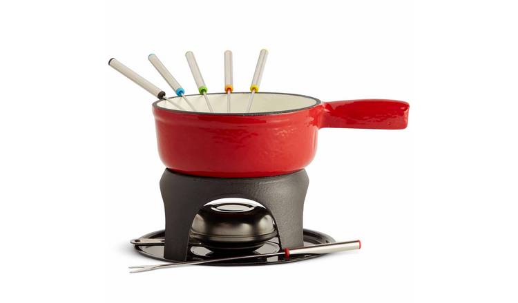 VonShef 6 Forks Cast Iron Swiss Fondue Set - Red
