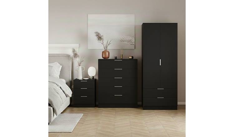 Vida Designs Trega Bedroom Set (Bedside, 5 Drawer Chest, 2x2 Wardrobe) - Black