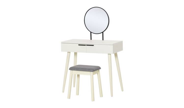 HOMCOM Modern Dressing Table with Round Mirror and Stool - White
