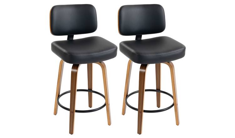 HOMCOM Set of 2 PU Swivel Bar Stools with Curved Wood Legs - Black