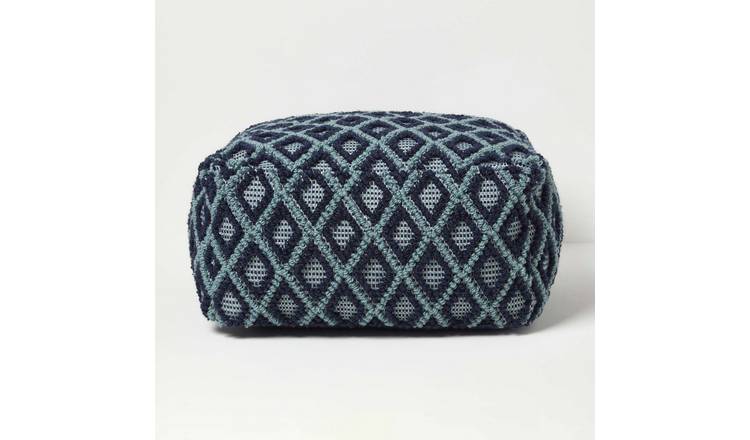 Homescapes Tula Handwoven Textured Pouffe Bean Cube – Navy & Teal