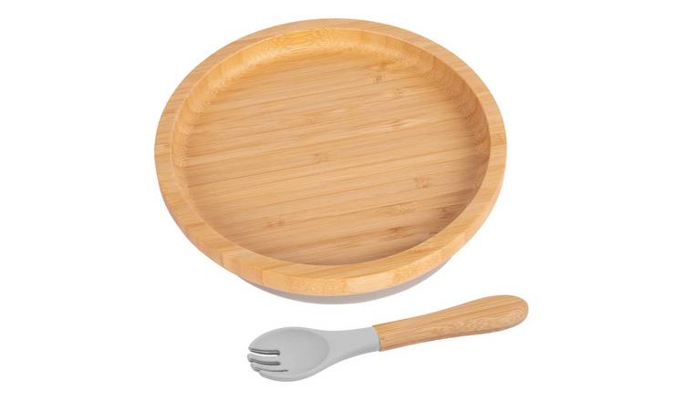 Tiny Dining Bamboo Round Baby Weaning Plate & Fork Set - Grey