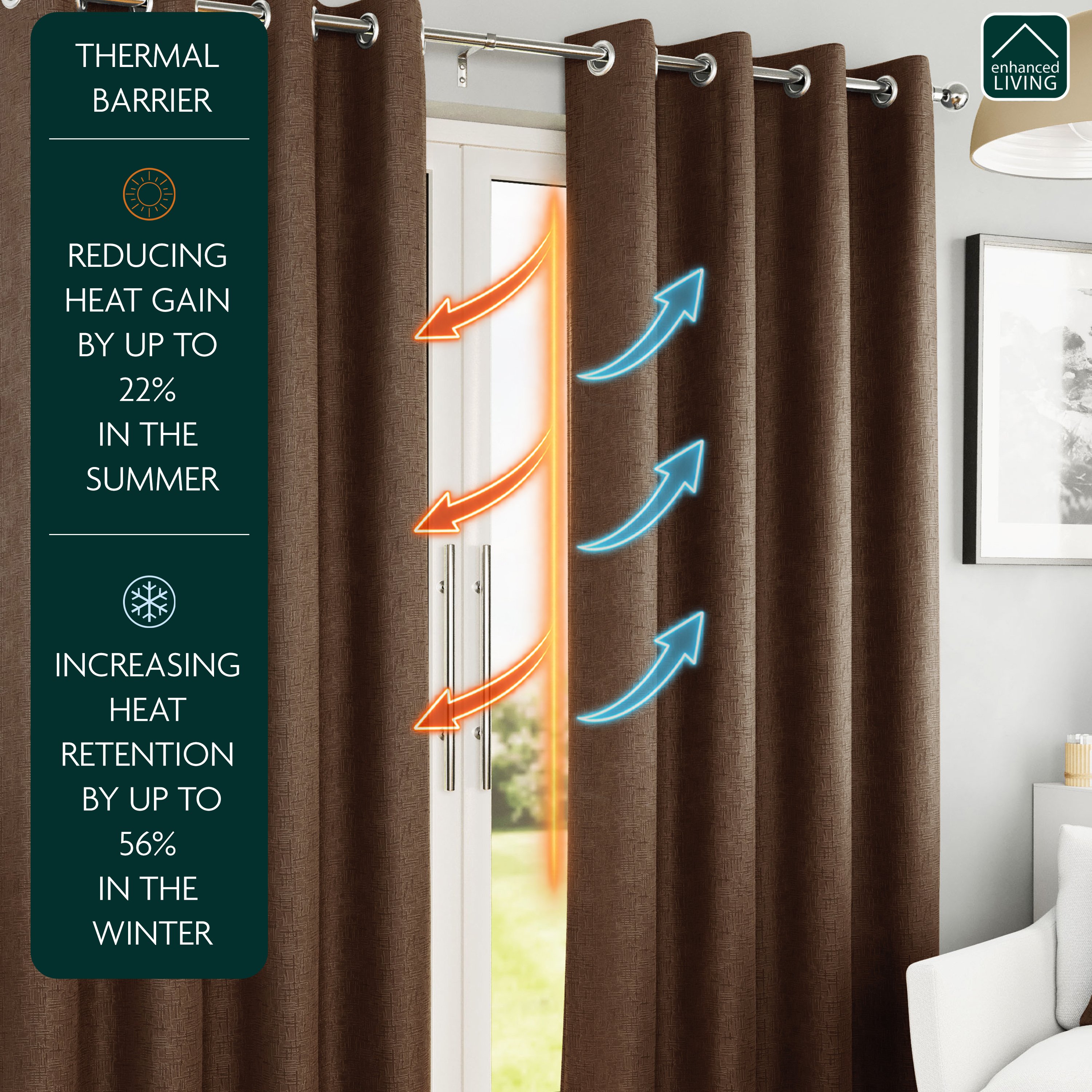 Enhanced Living Sydney Thermal Eyelet Curtains - 117 x 137cm - Chocolate - Image 2