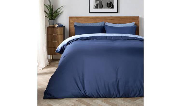 OHS Plain Dyed Reversible Duvet Cover Set Navy/Blue - Double