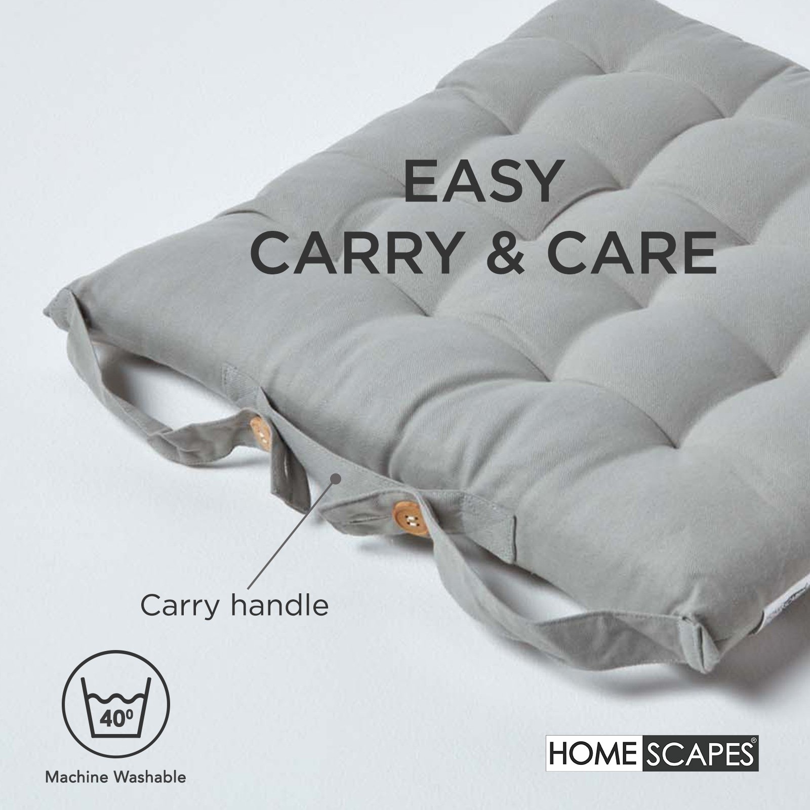 Homescapes Pack of 4 Cotton Seat Pad Chair Cushions - Grey - Image 6