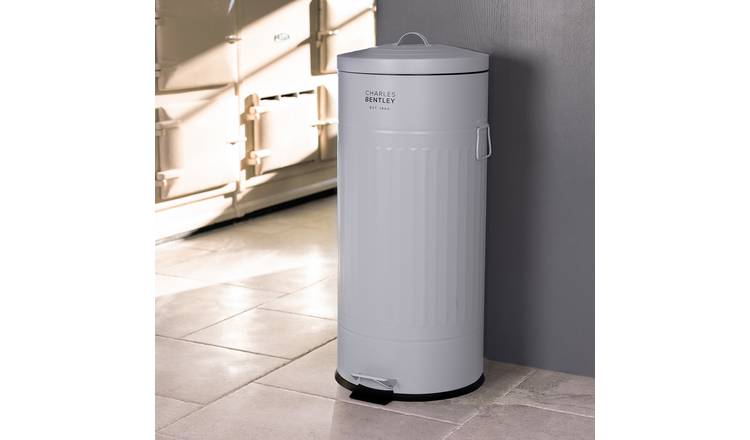 Charles Bentley 30L Retro Steel Waste Rubbish Kitchen Pedal Bin - Grey