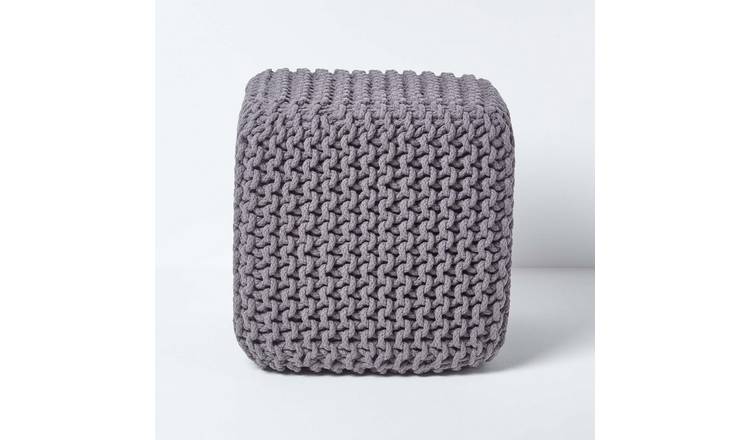Homescapes Cube Cotton Knitted Pouffe Footstool – Dark Grey