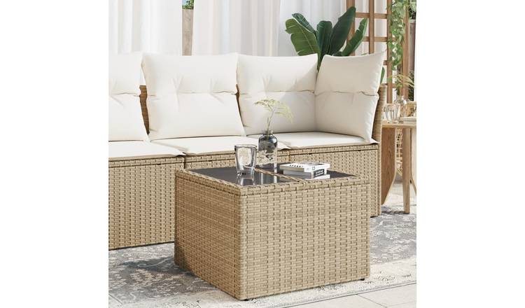 Walplus Poly Rattan Garden Table with Glass Top - Beige - 55 x 55 x 37 cm