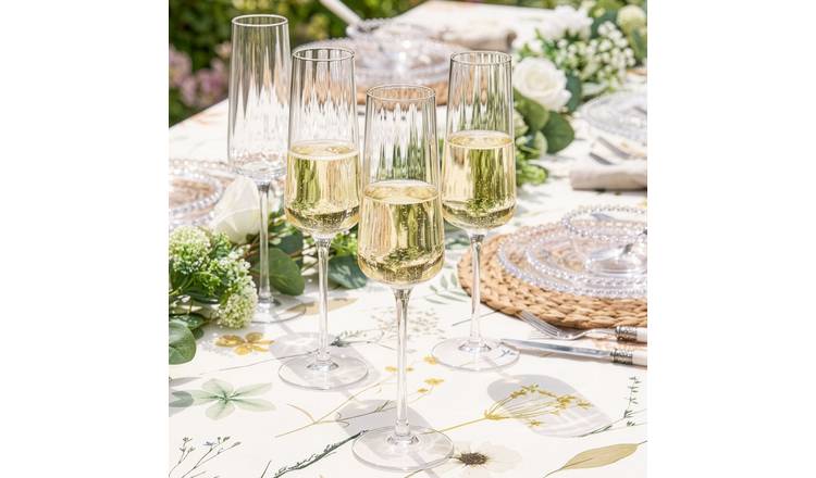 Dibor Set of 4 Glass Ribbed Champagne Flutes Set - Clear