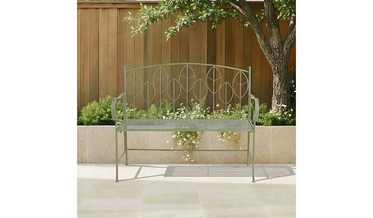 Charles Bentley 2 Seater Leaf Design Rustic Metal Garden Bench - Green