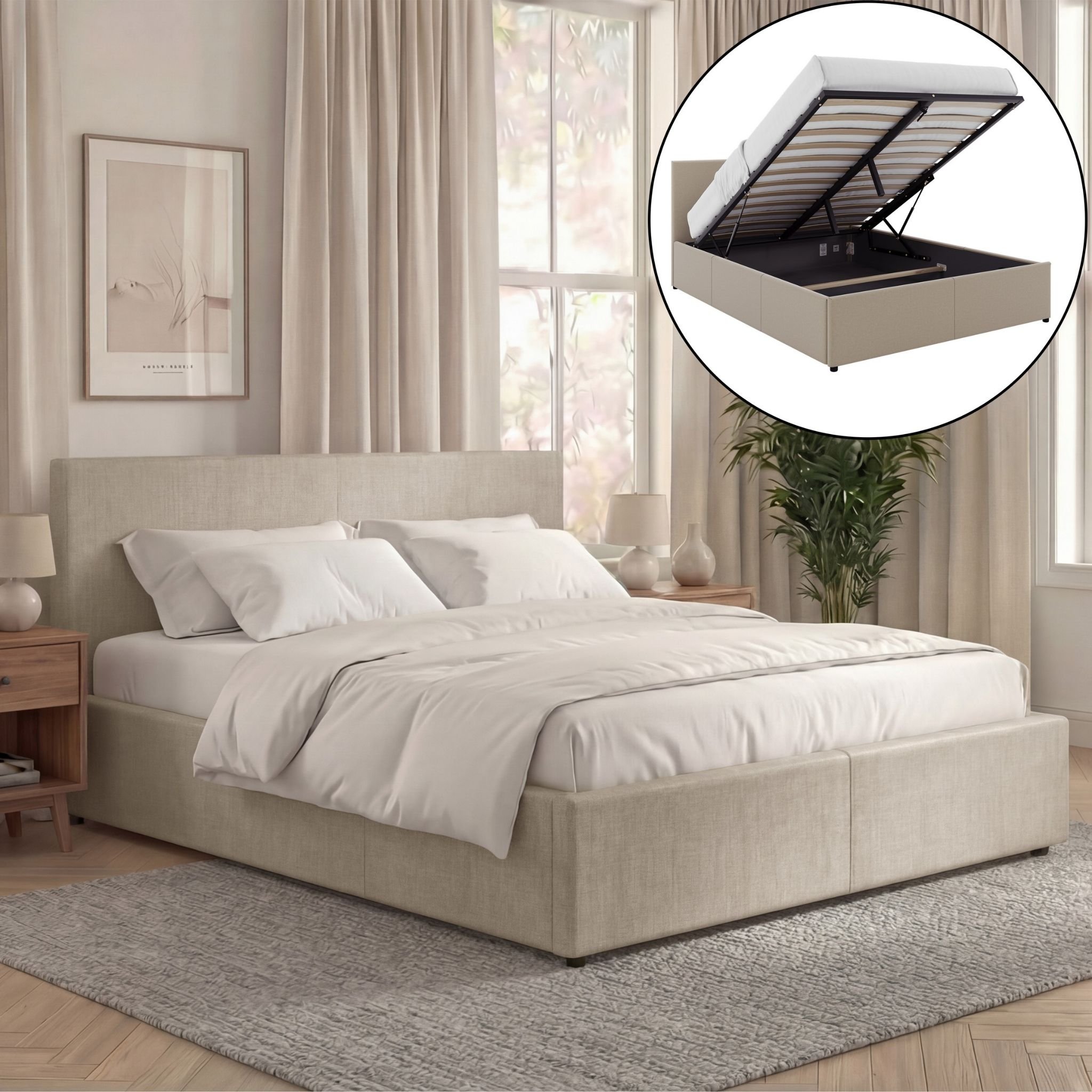 Vida Designs Veronica King Size Linen Ottoman Bed Frame - Beige - Image 1