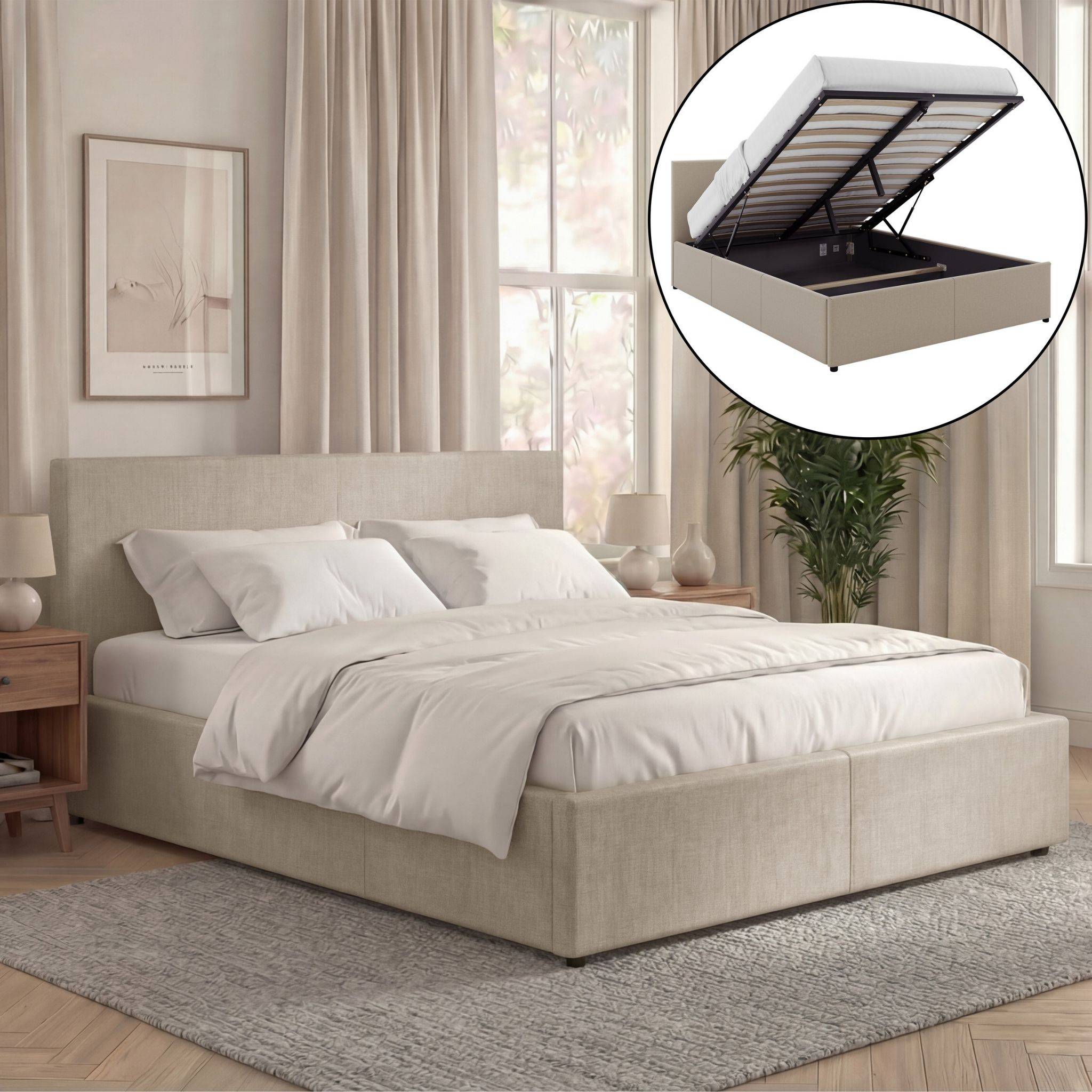 Vida Designs Veronica King Size Linen Ottoman Bed Frame - Beige - Image 1