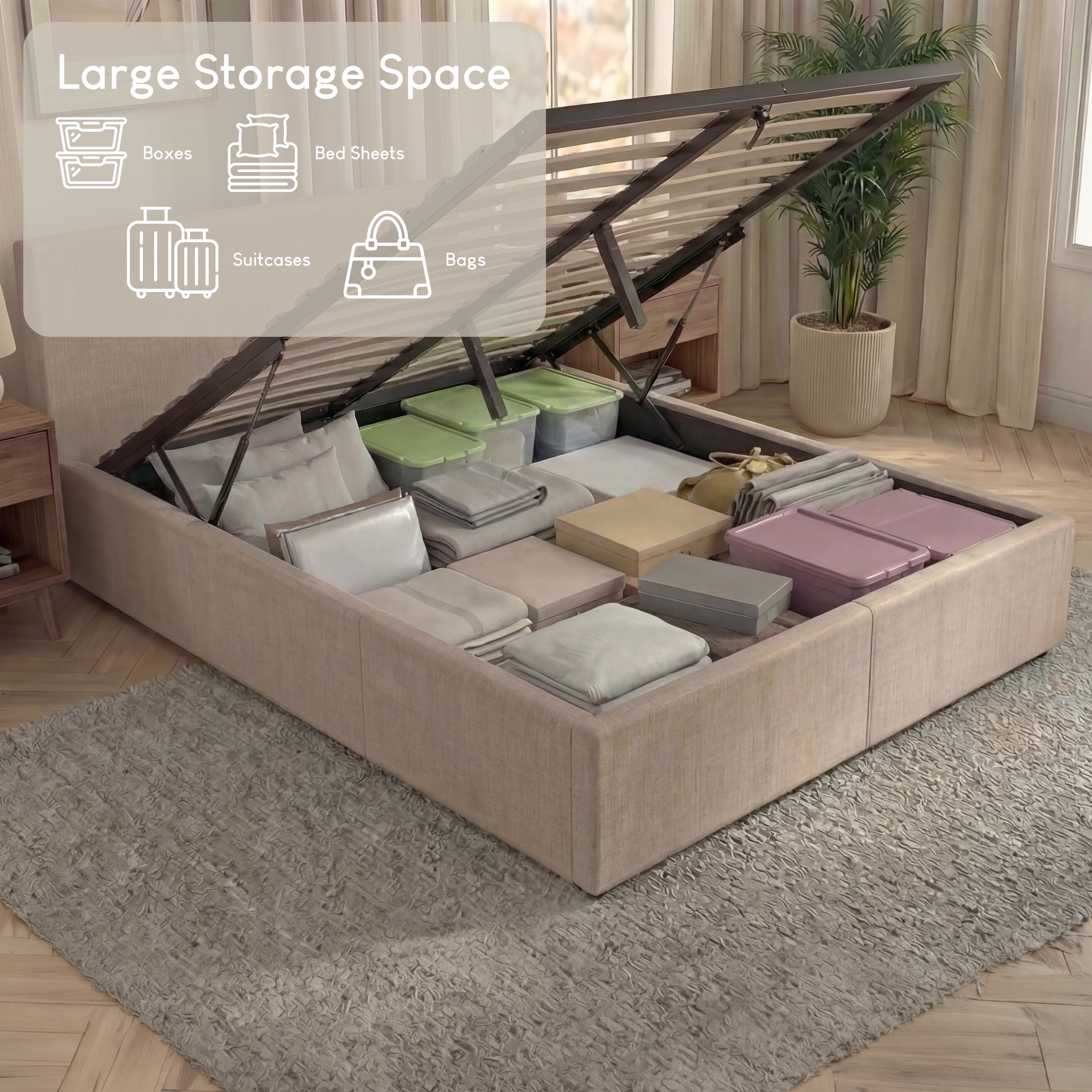 Vida Designs Veronica King Size Linen Ottoman Bed Frame - Beige - Image 4