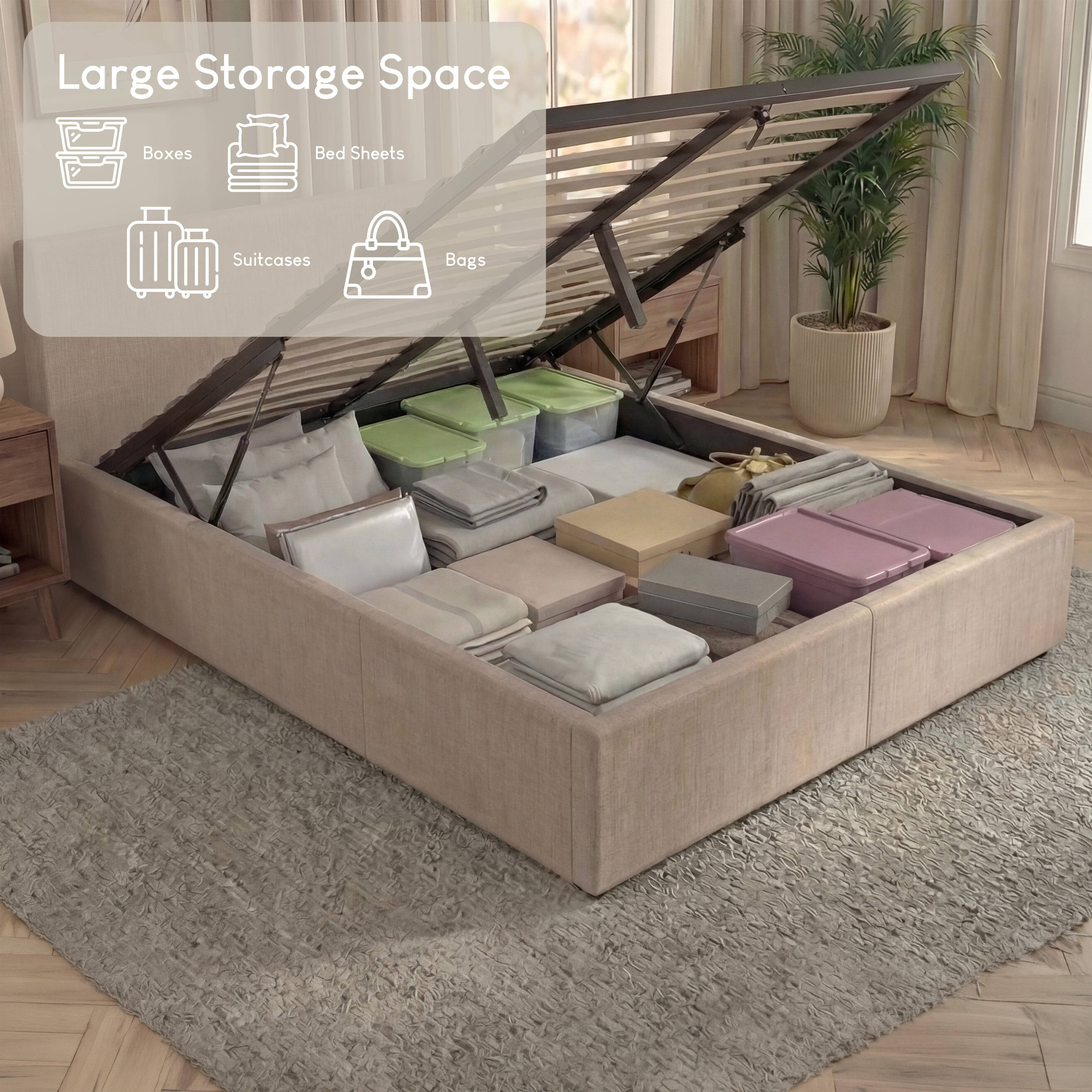 Vida Designs Veronica King Size Linen Ottoman Bed Frame - Beige - Image 4