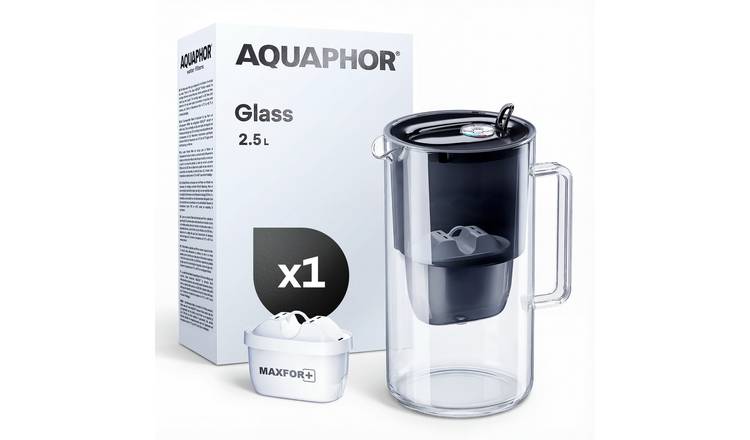 AQUAPHOR Glass 2.5L Water Filter Jug with 1 Maxfor+ Cartridge - Black