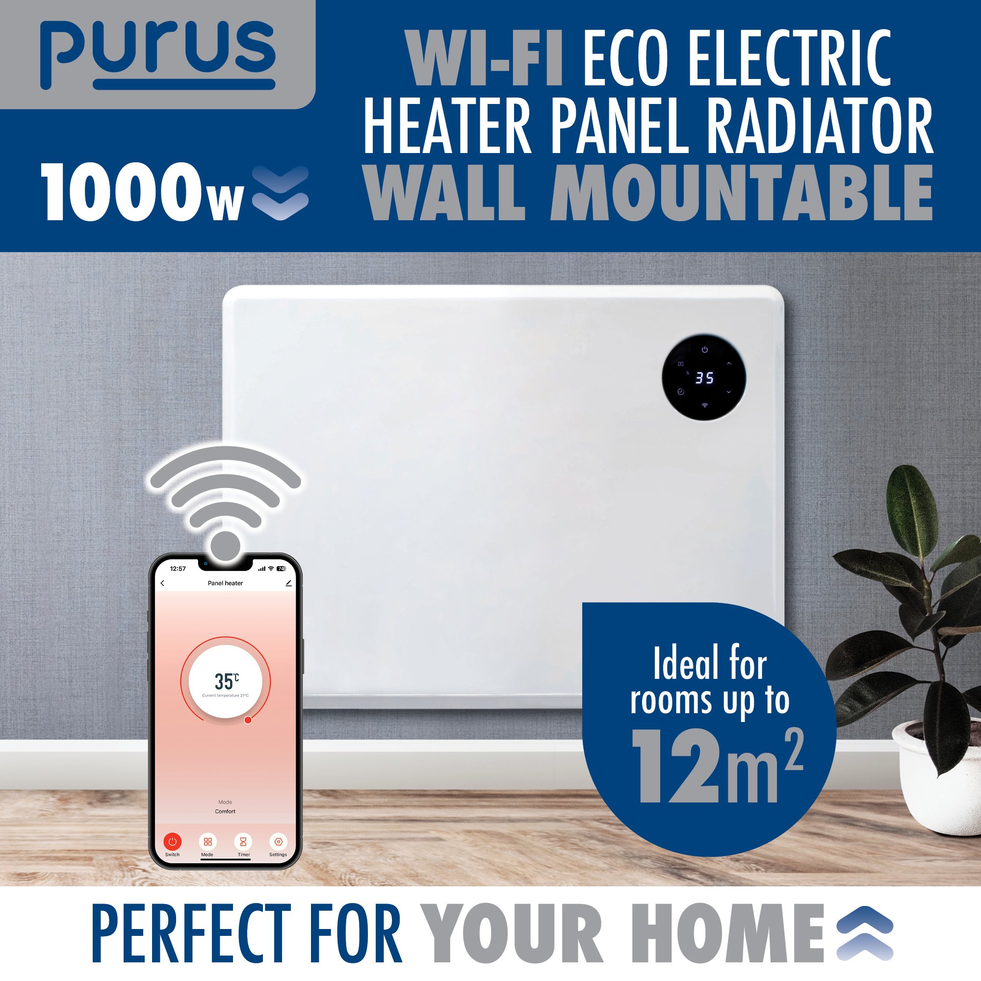 Purus 1000W Smart WiFi Electric Panel Heater - White - Image 3