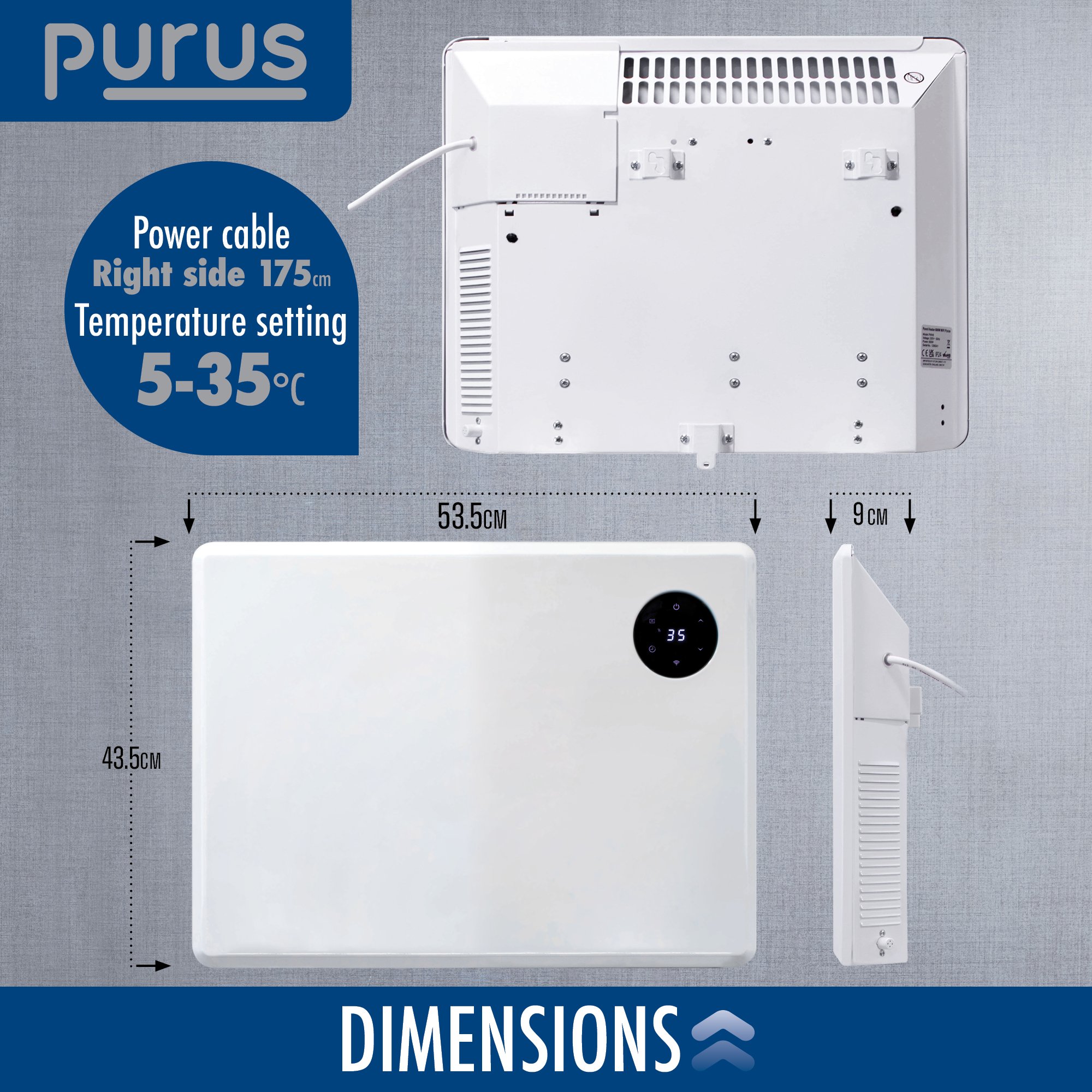 Purus 1000W Smart WiFi Electric Panel Heater - White - Image 4