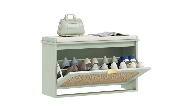 HOMCOM Narrow Shoe Bench with Flip-Drawer and Rattan Door - Light Green