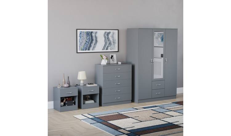 Vida Designs Riano Bedroom Set (Bedsides, 5 Drawer Chest, Mirror Wardrobe)- Grey
