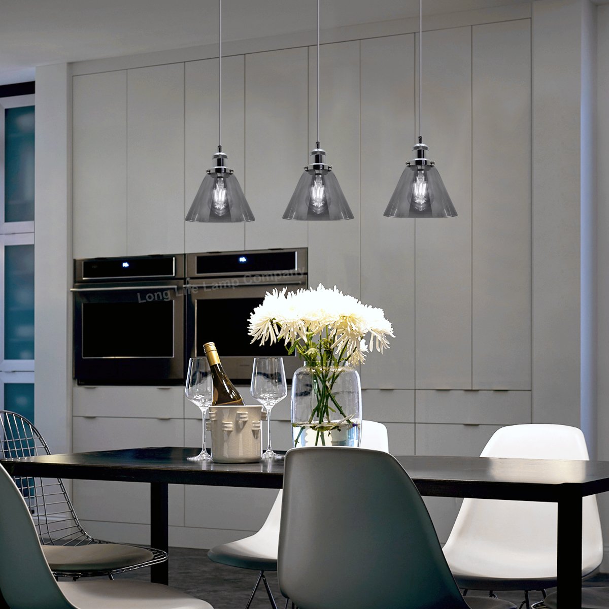 Energy Light Bulbs 3 Light Grey Cone Glass Ceiling Pendant Light - Chrome - Image 6