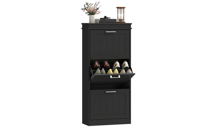 HOMCOM Fluted Shoe Cabinet with 3 Drop Down Drawers - Black