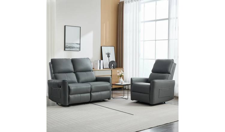 Furniture Online Madrid Manual Recliner Leather 1+2 Seater Sofa Set - Grey