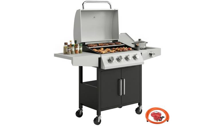 Outsunny Steel Gas BBQ Grill with Side Burner and Storage Cabinet – Black