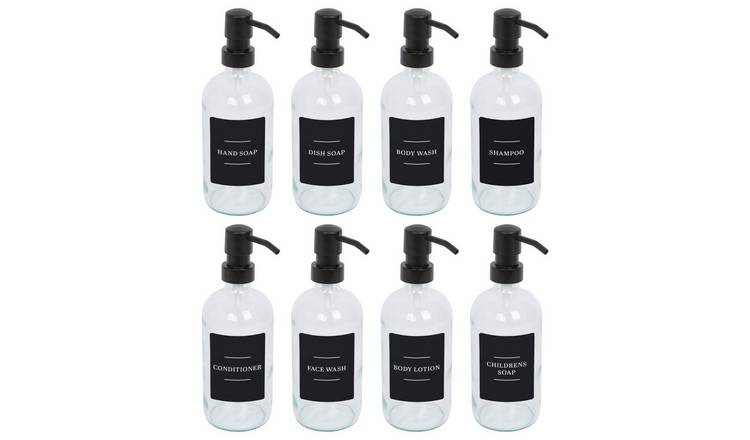 Harbour Housewares Soap Dispensers with Labels  - Clear/Black - Set of 8