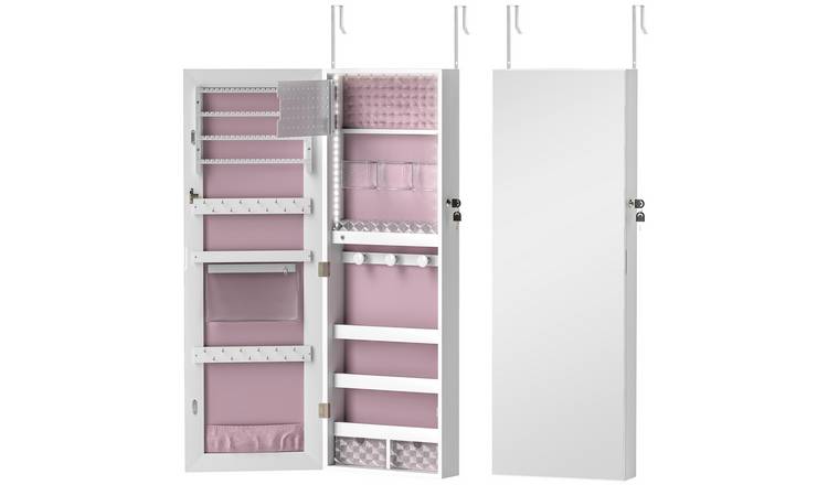 HOMCOM Lockable Jewellery Cabinet with LED Lights and Storage - White and Pink