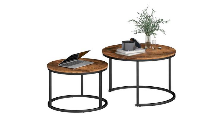 HOMCOM Set of 2 Round Marble Nesting Tables - Rustic Brown