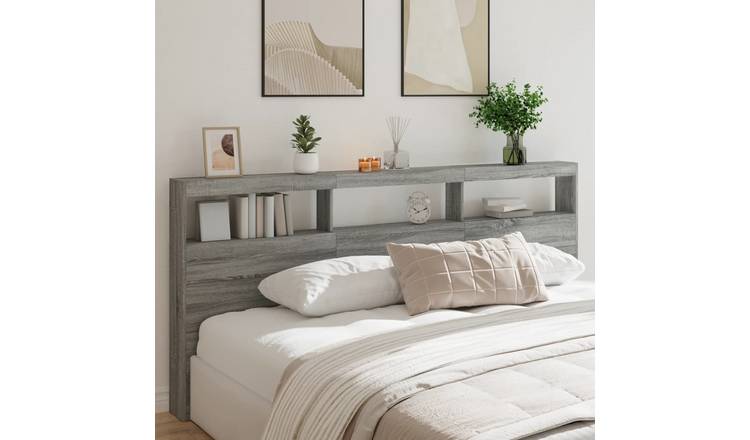 Walplus Engineered Wood LED Headboard Cabinet - Grey and Oak - 220 x 17 x 102 cm
