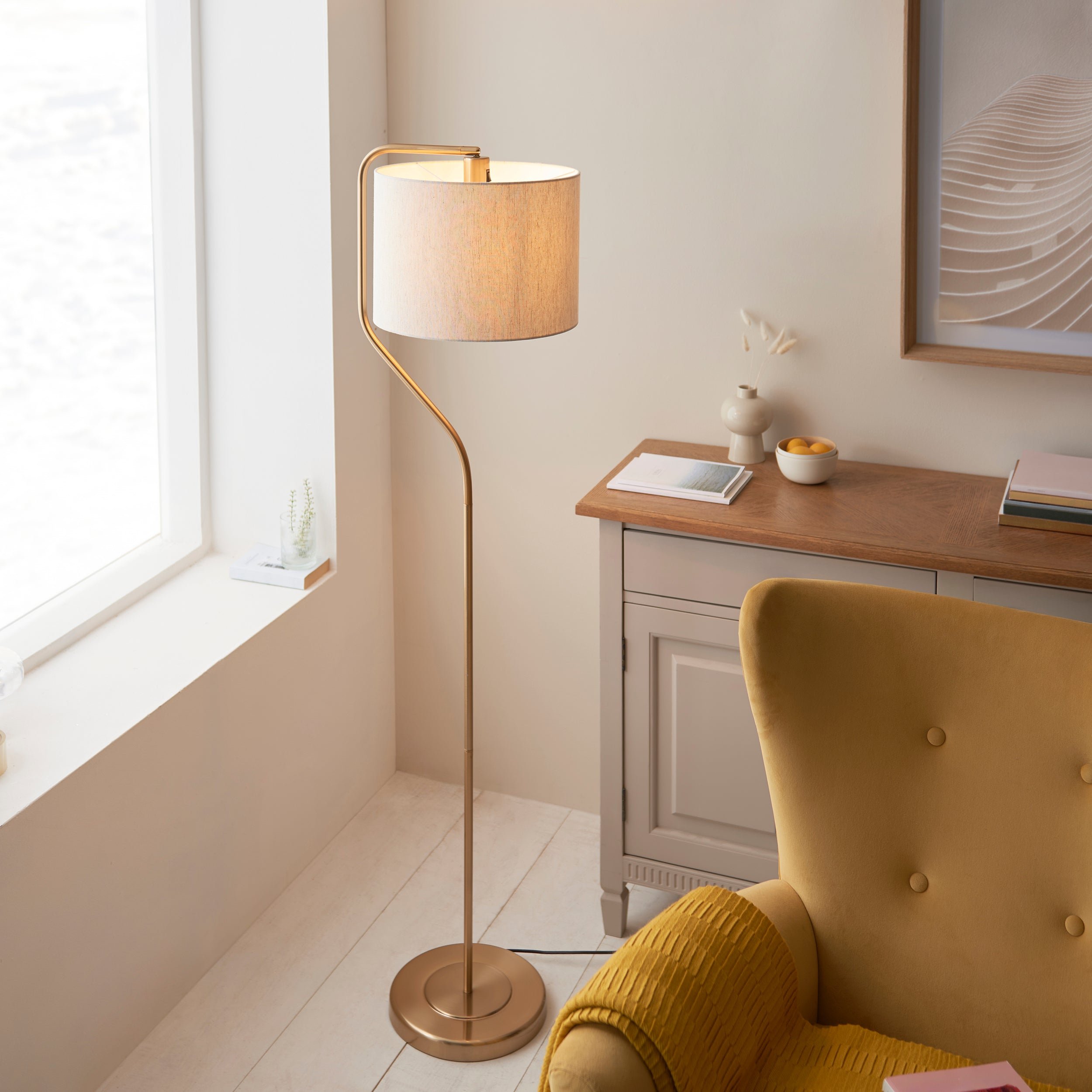 Loops Direct Pack of 2 Floor Lamp - Brushed Aged Brass and Natural Linen - Image 2