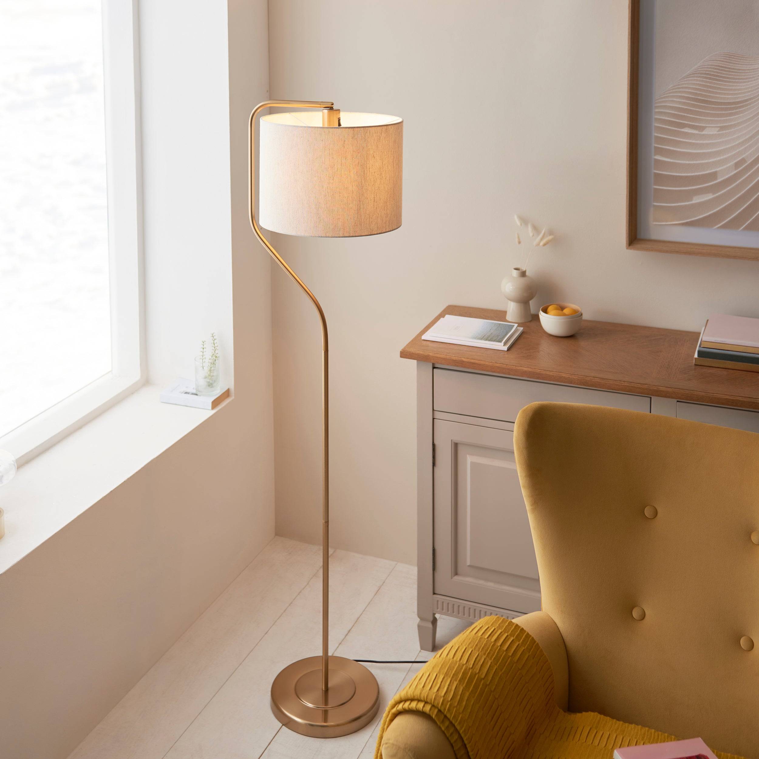 Loops Direct Pack of 2 Floor Lamp - Brushed Aged Brass and Natural Linen - Image 2