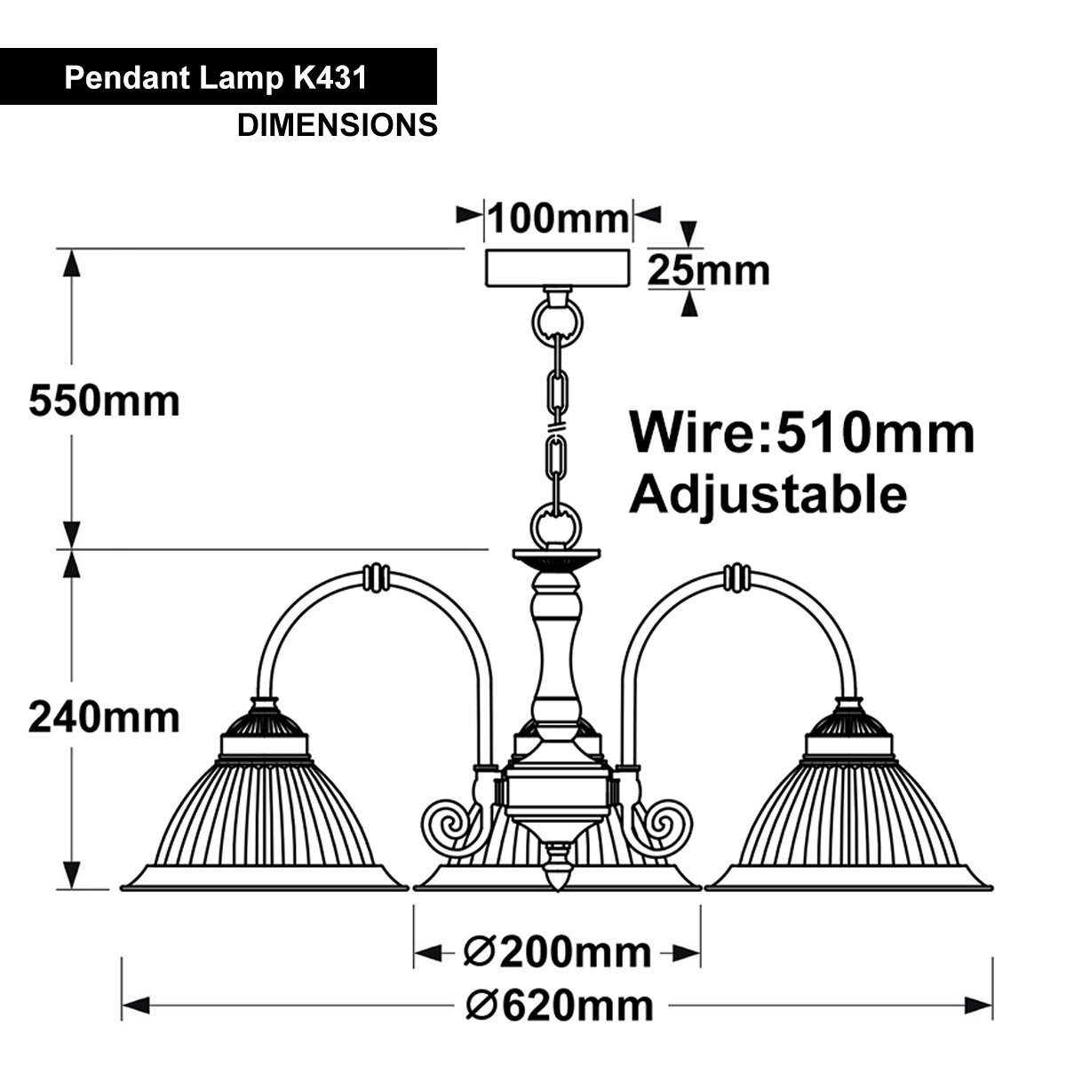 Energy Light Bulbs 3 Light Ribbed Glass Ceiling Pendant Light - Antique Brass - Image 2